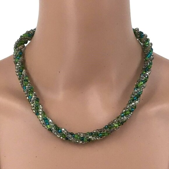 Beaded Spiral Necklace Toggle Closure Green Blue Silver Tone 19 Inch Length - Picture 1 of 3